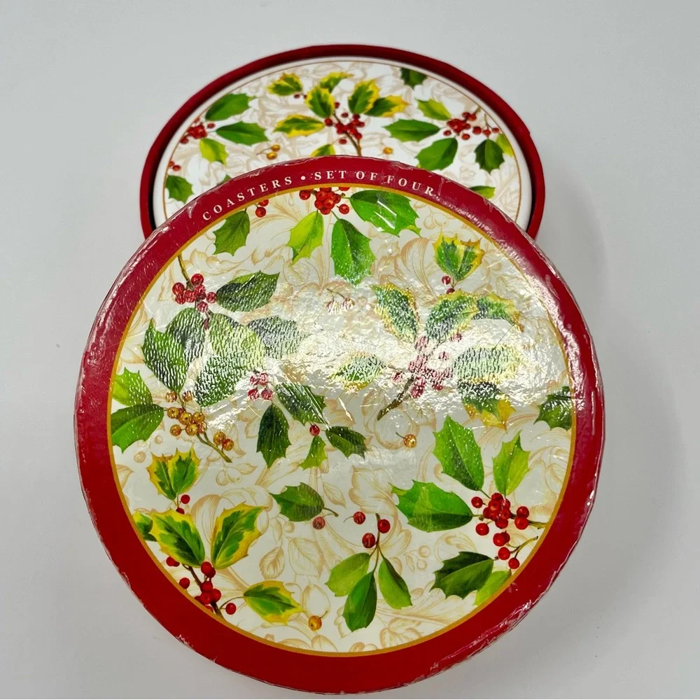 Pamela Gladding for Santa Barbara Ceramic Designs Porcelain Holly Coasters Set 4